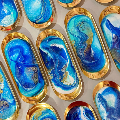 Gold Jewelry Trinket Tray - Blue Resin Epoxy Art