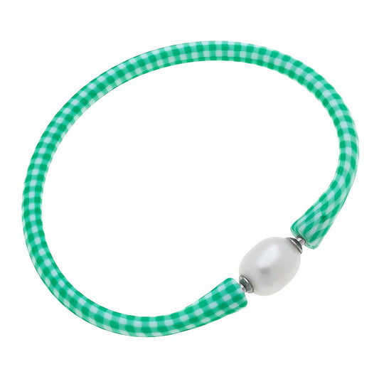 Bali Freshwater Pearl Silicone Bracelet - Green Gingham