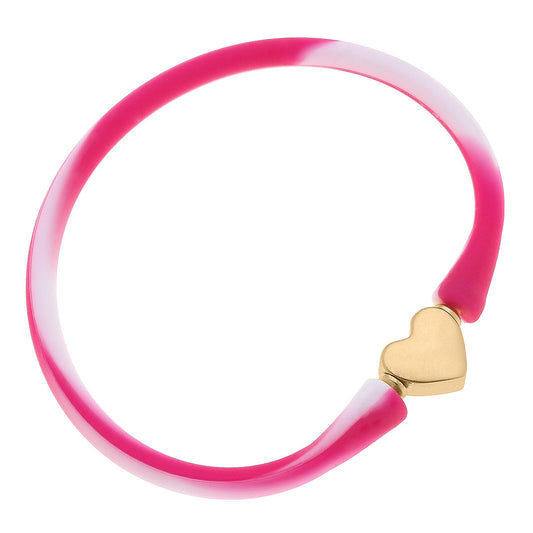 Bali 24K Gold Plated Heart Bead Silicone Bracelet - Tie Dye Pink