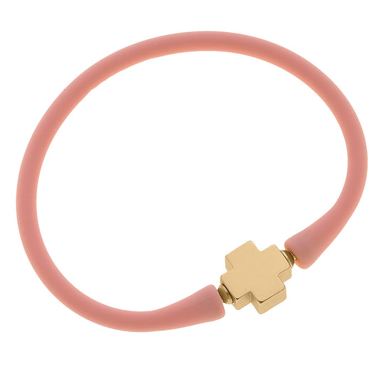 Bali 24K Gold Plated Cross Bead Silicone Bracelet - Light Pink