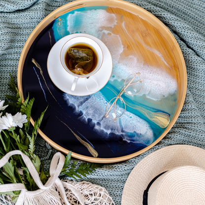 Round Bamboo Resin Serving Trays - Ocean Inspired Design