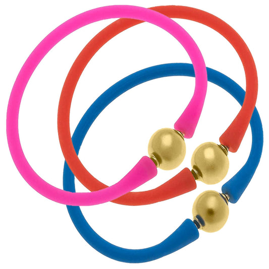 Bali 24k Gold Silicone Bracelet Stack of 3 - Fuchsia, Orange, and Blue