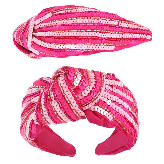 Striped Sequin Top Knotted Headband - Fuchsia/Pink