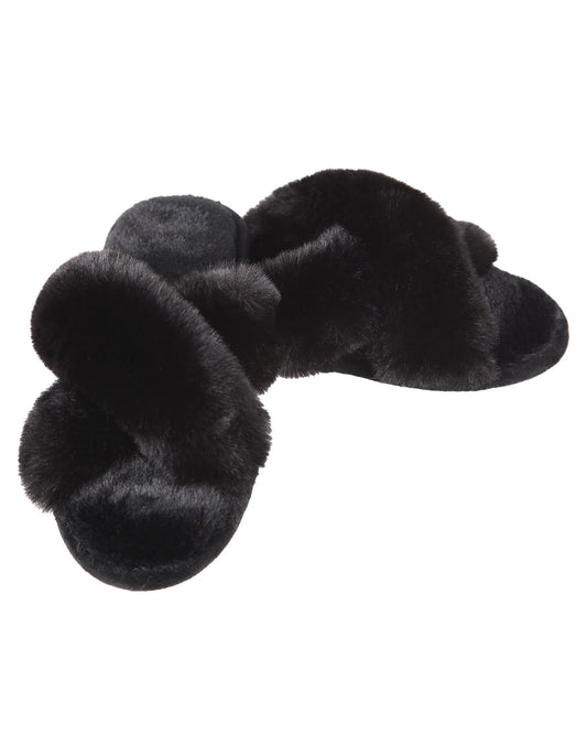 Beverly Faux Fur Open Toe Plush Slippers - Black