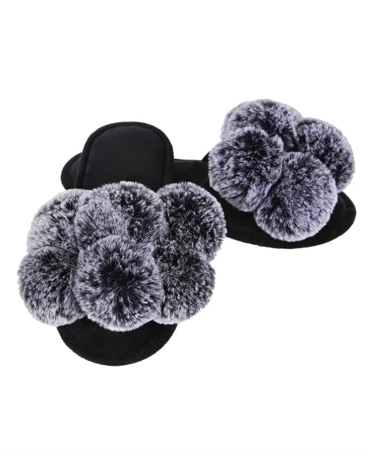 Luxe Pom-Pom Open Toe Plush Slippers - Black