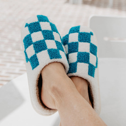 Teal/White Checkered Pattern Slippers