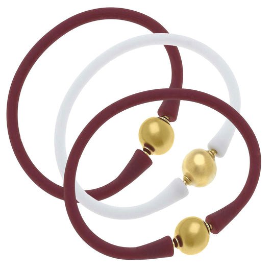 Bali 24k Gold Silicone Bracelet Stack of 3 - Maroon & White