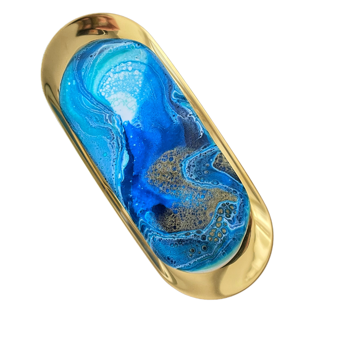 Gold Jewelry Trinket Tray - Blue Resin Epoxy Art