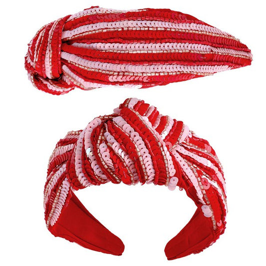 Striped Sequin Top Knotted Headband - Red/Pink