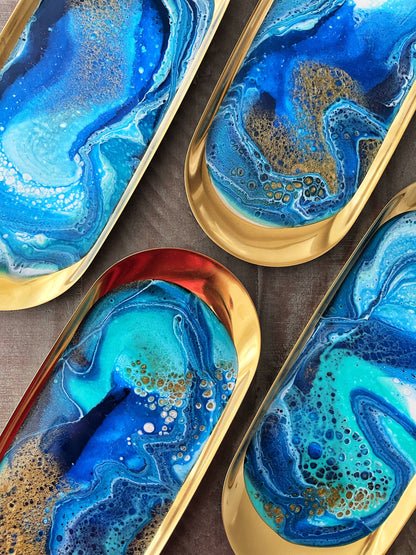 Gold Jewelry Trinket Tray - Blue Resin Epoxy Art