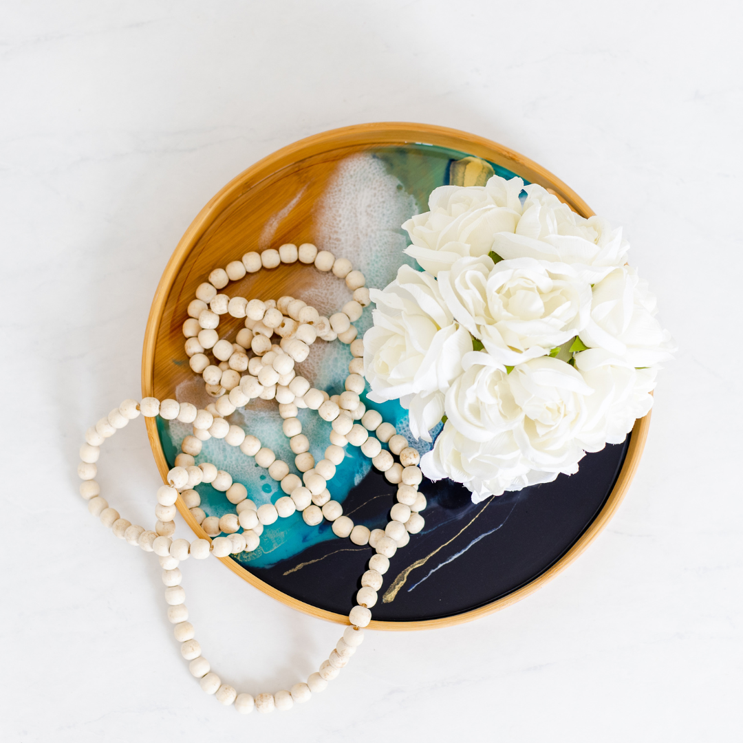 Round Bamboo Resin Serving Trays - Ocean Inspired Design