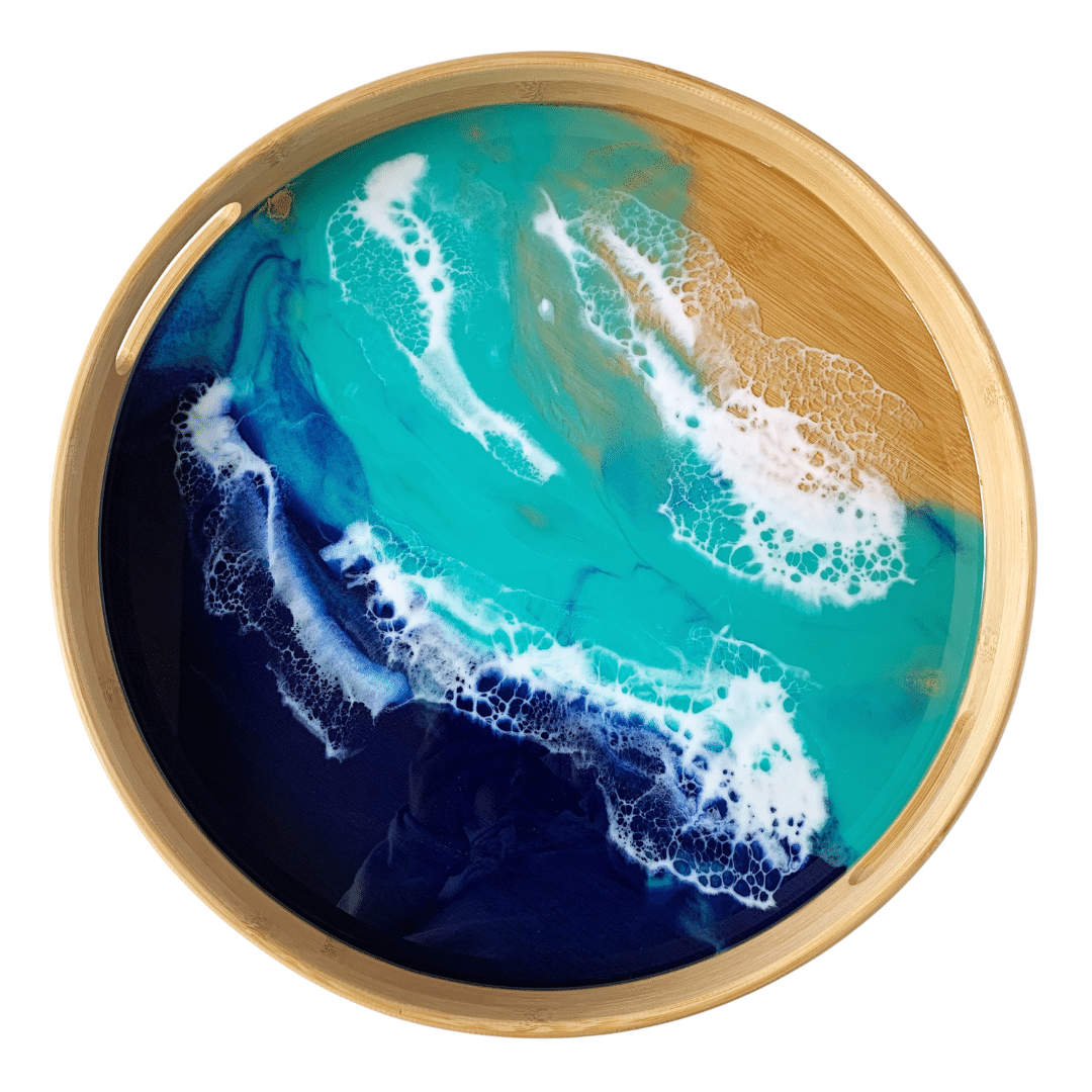 Round Bamboo Resin Serving Trays - Ocean Inspired Design