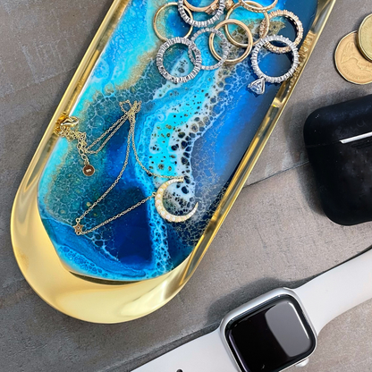 Gold Jewelry Trinket Tray - Blue Resin Epoxy Art