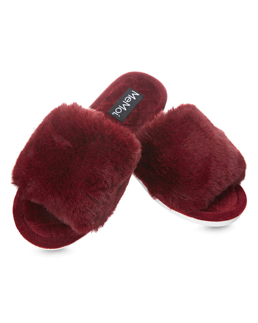 The Bette Plush Open-Toe Slippers - Burgundy