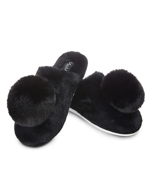 Gloria Plush Pom-Pom Slippers - Black