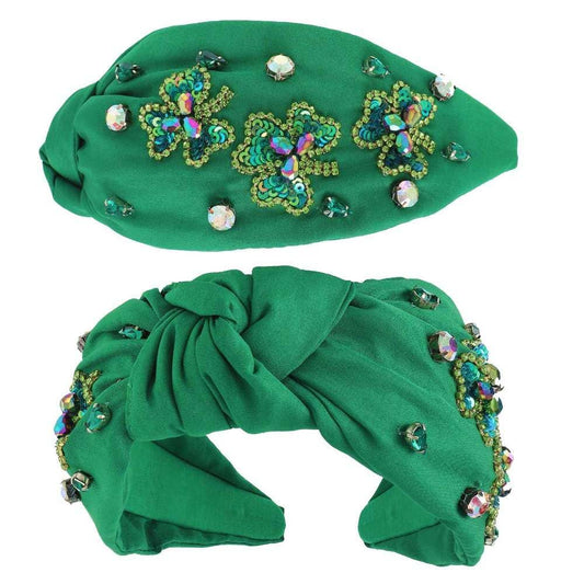 Saint Patricks Shamrock Gemstone Knotted Headband