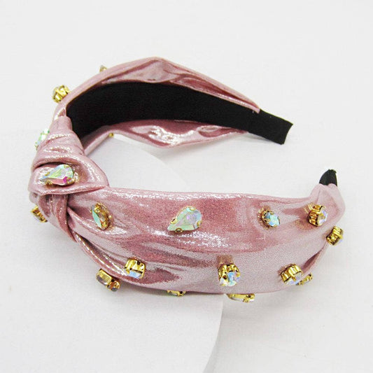 Rhinestone Metallic Fabric Knot Headband - Blush