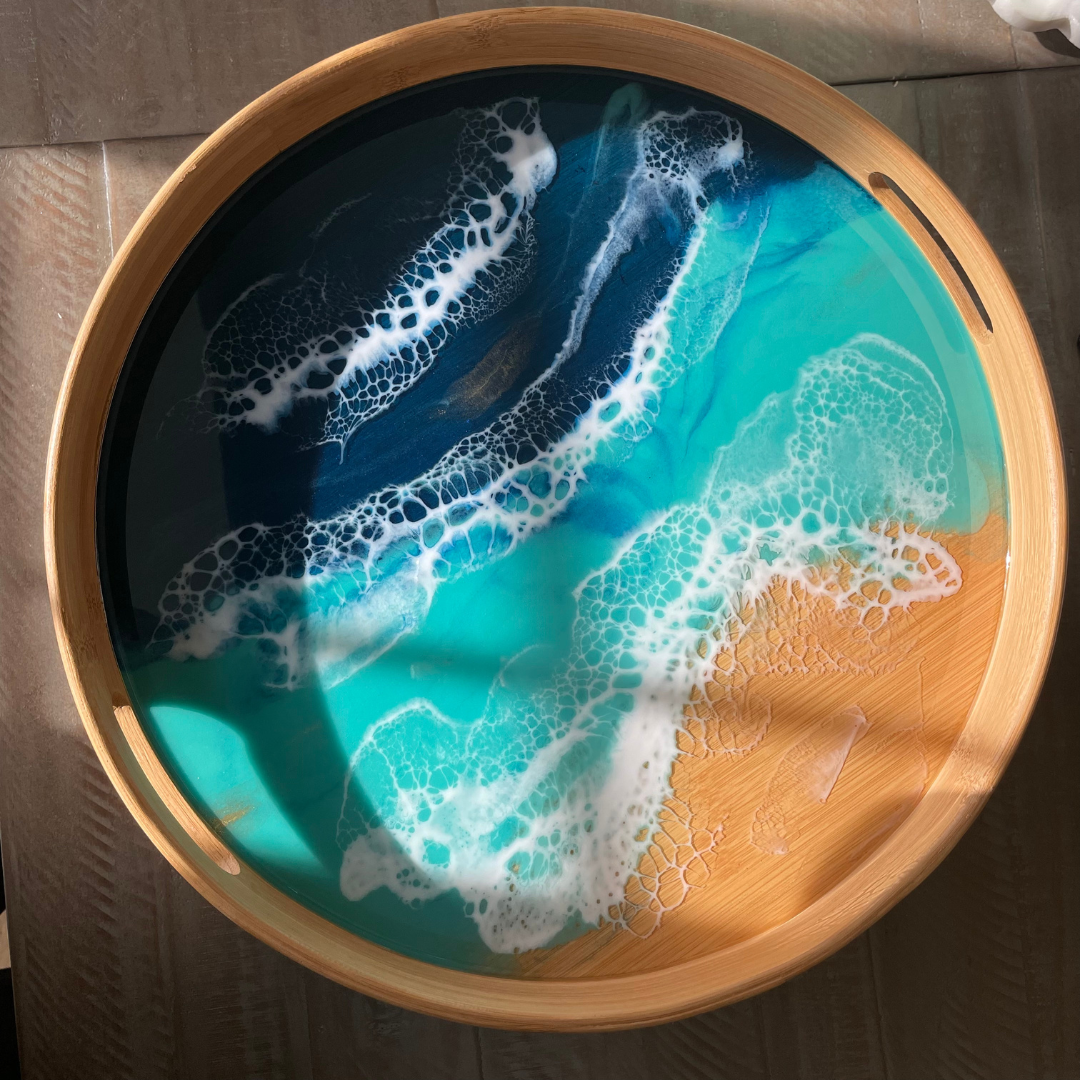 Round Bamboo Resin Serving Trays - Ocean Inspired Design