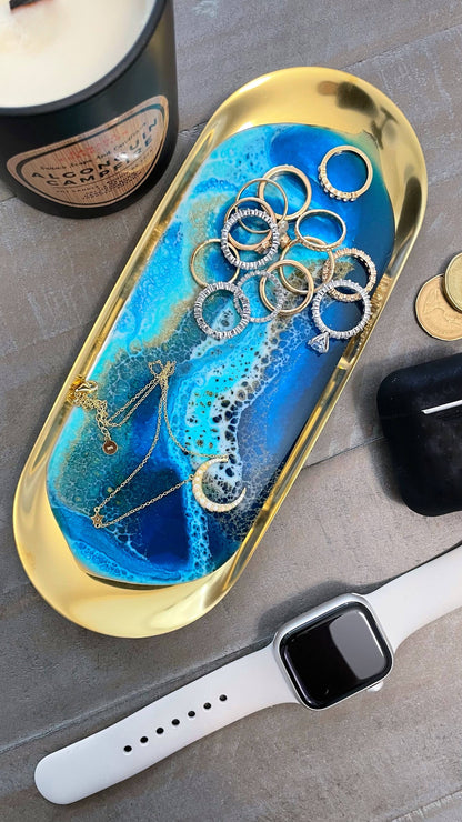 Gold Jewelry Trinket Tray - Blue Resin Epoxy Art